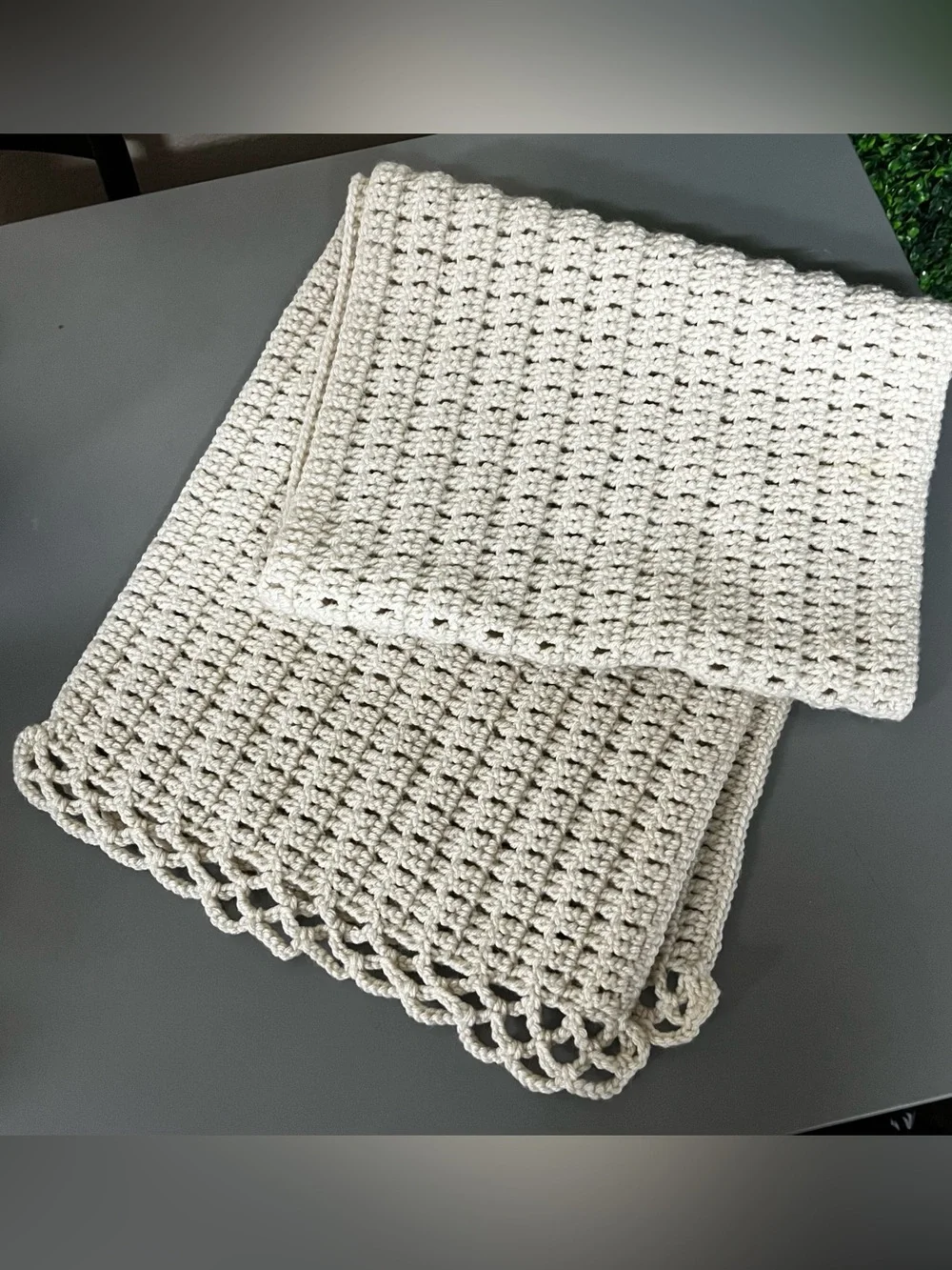 Handmade Crochet Cream Runner Style Throw Blanket Farmhouse Cozy Accent